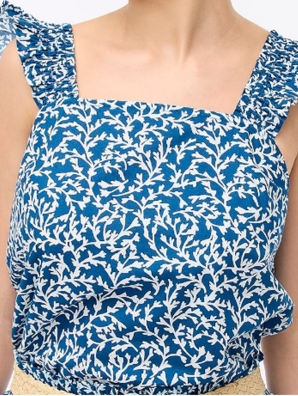 Jcrew Blue Floral Square-Neck Ruffle Strap Top, 100% Cotton, Sz M